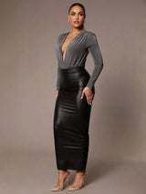 Nora Bodysuit - Knitted Fabric With High Stretch Elasticity - Slim Fit - Dark Color - Long Sleeve Length - Deep V Neckline - Premium Quality