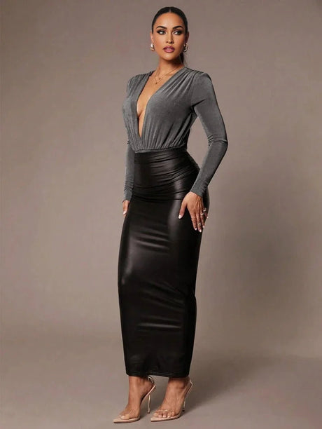 Nora Bodysuit - Knitted Fabric With High Stretch Elasticity - Slim Fit - Dark Color - Long Sleeve Length - Deep V Neckline - Premium Quality