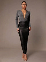 Nora Bodysuit - Knitted Fabric With High Stretch Elasticity - Slim Fit - Dark Color - Long Sleeve Length - Deep V Neckline - Premium Quality