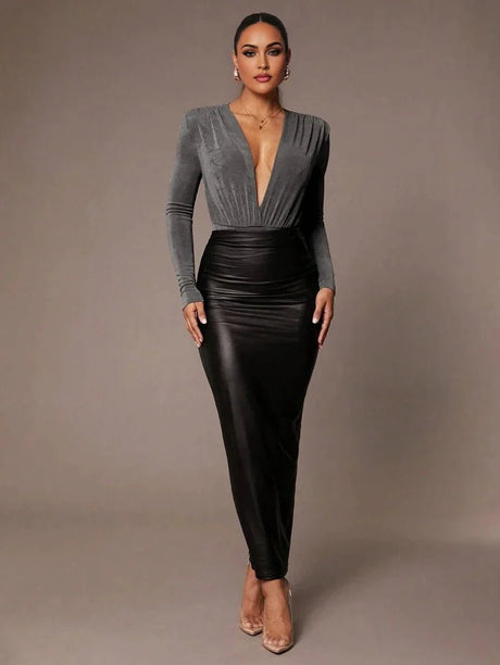 Nora Bodysuit - Knitted Fabric With High Stretch Elasticity - Slim Fit - Dark Color - Long Sleeve Length - Deep V Neckline - Premium Quality