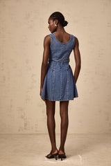 Nora Denim Mini Dress Blue Belted Puff Skirt Button Front