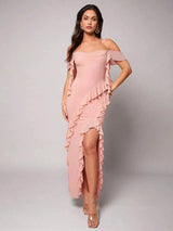 Nora Maxi Dress - Refined Style - Slim Fit - Cold Shoulder Sleeve Type - Square Neckline - High Stretch Fabric Elasticity