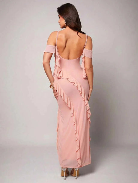 Nora Maxi Dress - Refined Style - Slim Fit - Cold Shoulder Sleeve Type - Square Neckline - High Stretch Fabric Elasticity