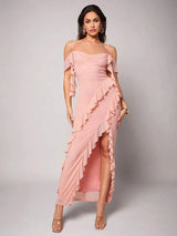 Nora Maxi Dress - Refined Style - Slim Fit - Cold Shoulder Sleeve Type - Square Neckline - High Stretch Fabric Elasticity