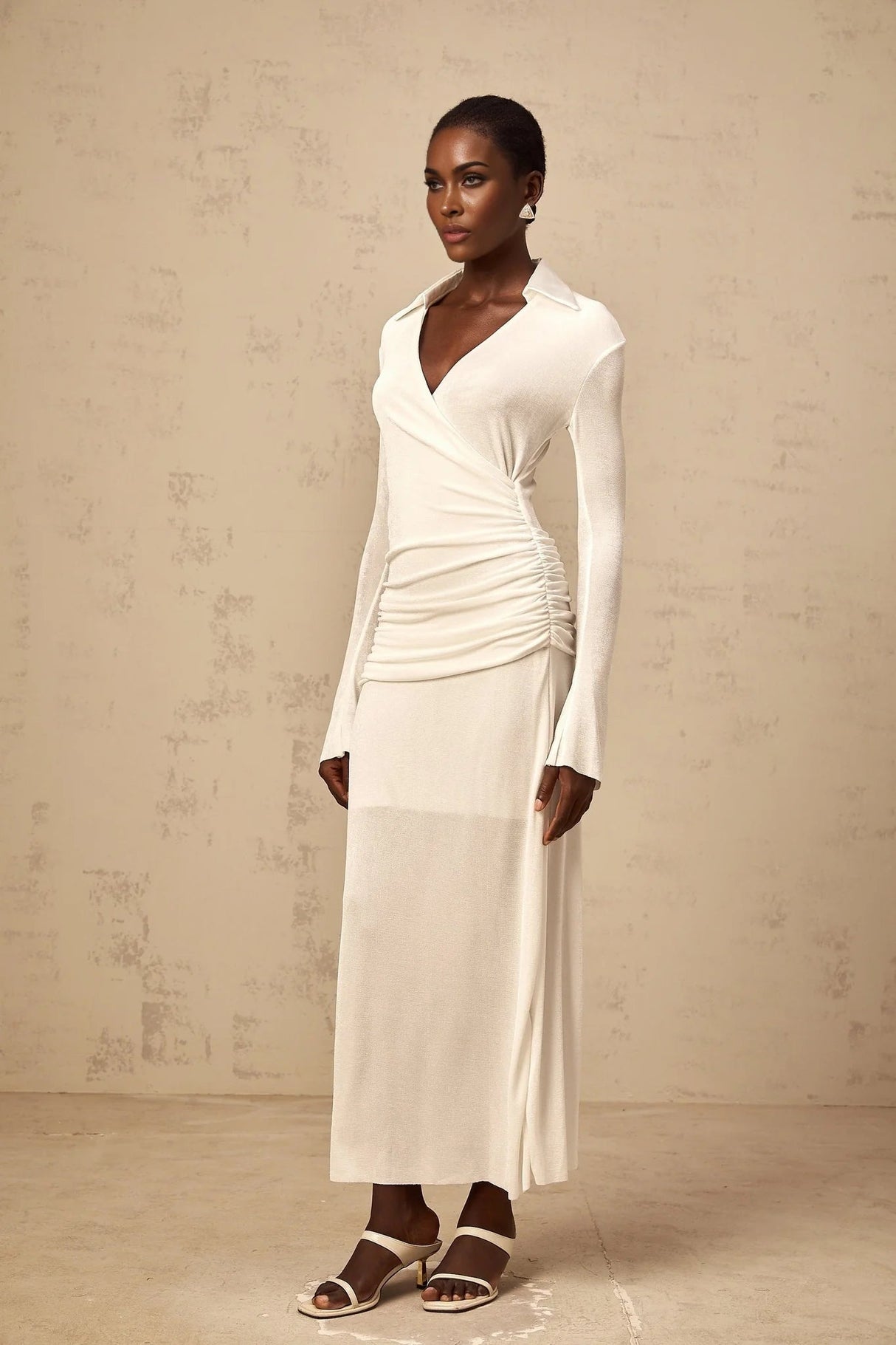 Nora Maxi Dress White Ruched Knit Flared Cuffs V - Neck Sophisticated Fit