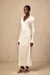 Nora Maxi Dress White Ruched Knit Flared Cuffs V - Neck Sophisticated Fit