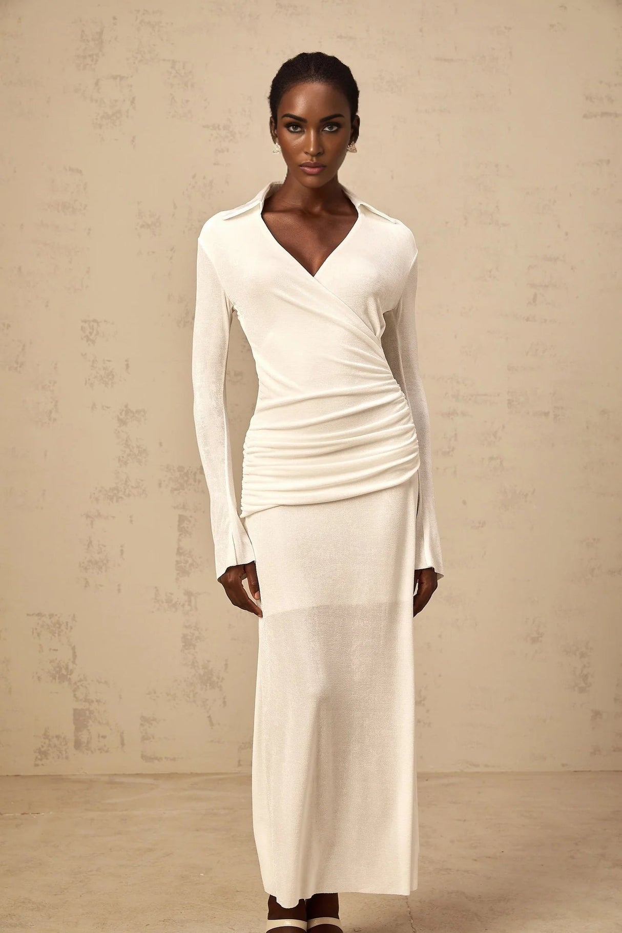 Nora Maxi Dress White Ruched Knit Flared Cuffs V - Neck Sophisticated Fit