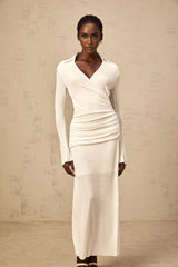 Nora Maxi Dress White Ruched Knit Flared Cuffs V - Neck Sophisticated Fit