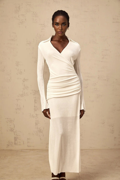 Nora Maxi Dress White Ruched Knit Flared Cuffs V - Neck Sophisticated Fit