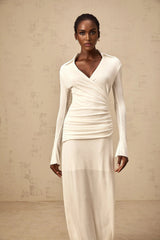 Nora Maxi Dress White Ruched Knit Flared Cuffs V - Neck Sophisticated Fit