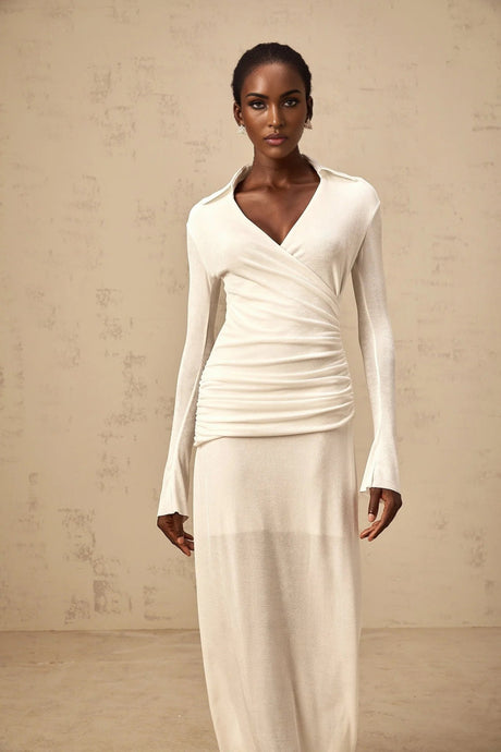 Nora Maxi Dress White Ruched Knit Flared Cuffs V - Neck Sophisticated Fit