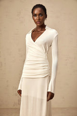 Nora Maxi Dress White Ruched Knit Flared Cuffs V - Neck Sophisticated Fit