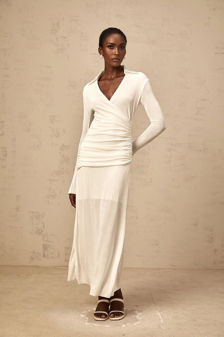 Nora Maxi Dress White Ruched Knit Flared Cuffs V - Neck Sophisticated Fit
