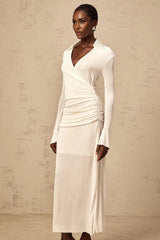 Nora Maxi Dress White Ruched Knit Flared Cuffs V - Neck Sophisticated Fit