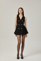 Nora Mini Dress Black Flared Crossover Gold Button