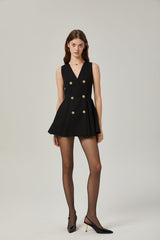 Nora Mini Dress Black Flared Crossover Gold Button