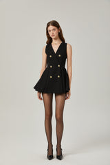 Nora Mini Dress Black Flared Crossover Gold Button