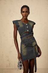 Nora Skirt & Top Set Blue Denim Cross Over Matching Outfit