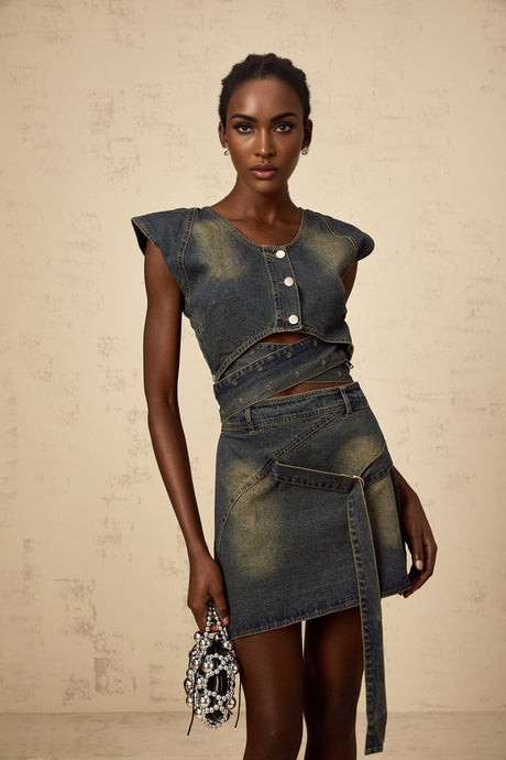 Nora Skirt & Top Set Blue Denim Cross Over Matching Outfit