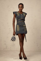 Nora Skirt & Top Set Blue Denim Cross Over Matching Outfit