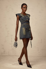 Nora Skirt & Top Set Blue Denim Cross Over Matching Outfit