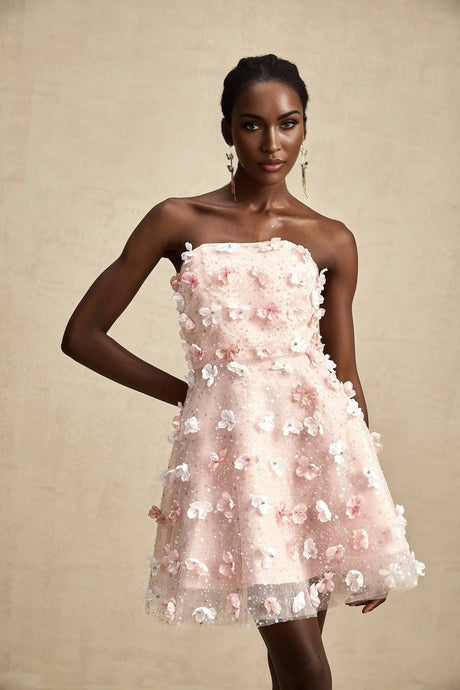 Norah Mini Dress Pink & White 3D Petal Puffy Scallop Hem