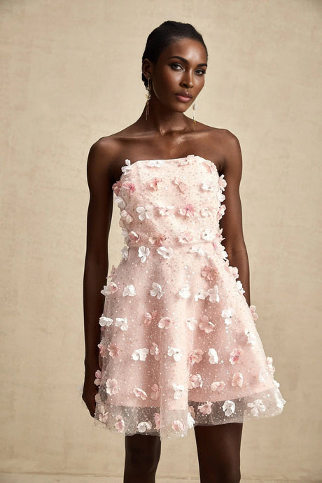 Norah Mini Dress Pink & White 3D Petal Puffy Scallop Hem