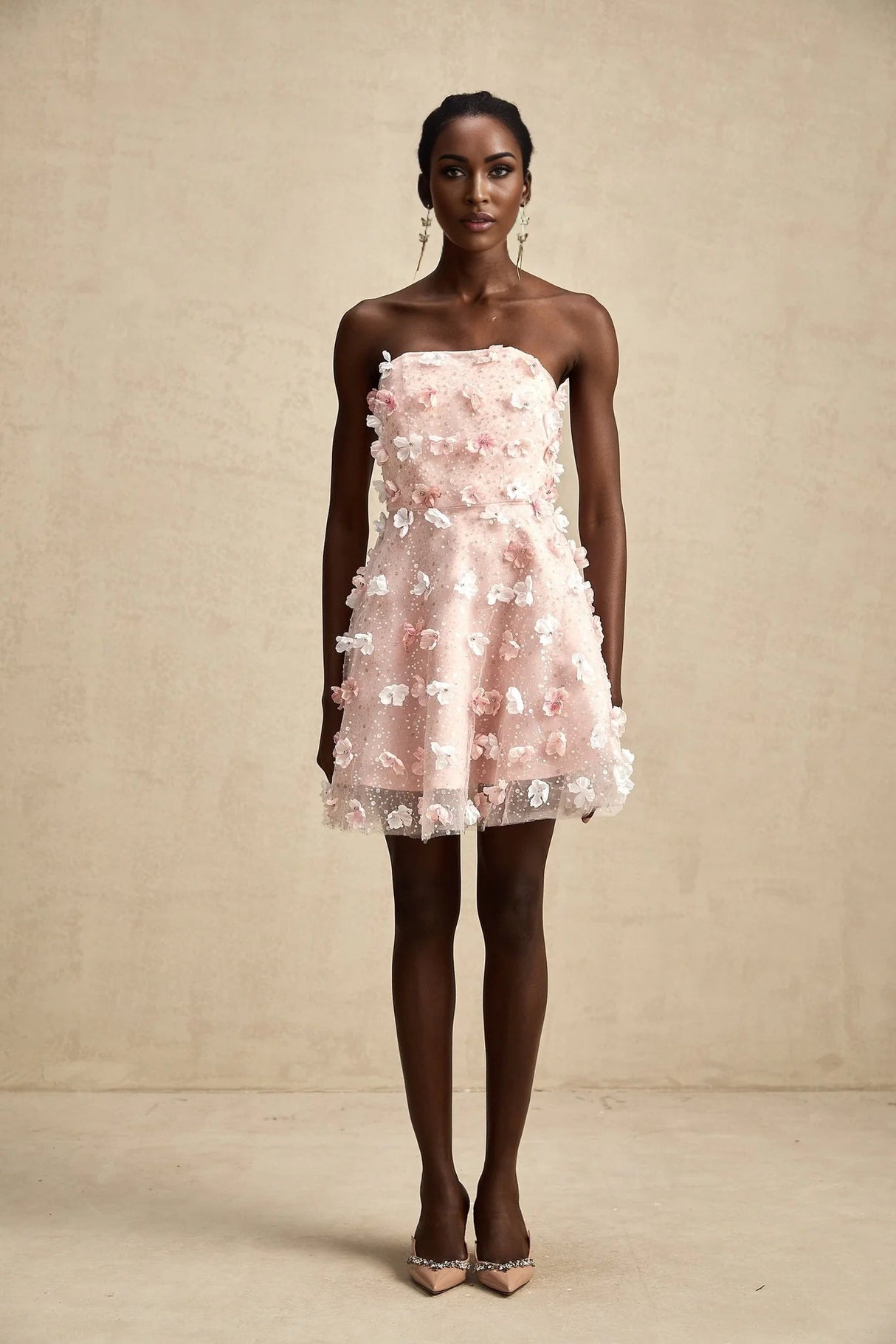 Norah Mini Dress Pink & White 3D Petal Puffy Scallop Hem