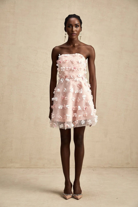 Norah Mini Dress Pink & White 3D Petal Puffy Scallop Hem
