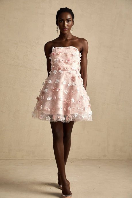 Norah Mini Dress Pink & White 3D Petal Puffy Scallop Hem