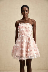 Norah Mini Dress Pink & White 3D Petal Puffy Scallop Hem