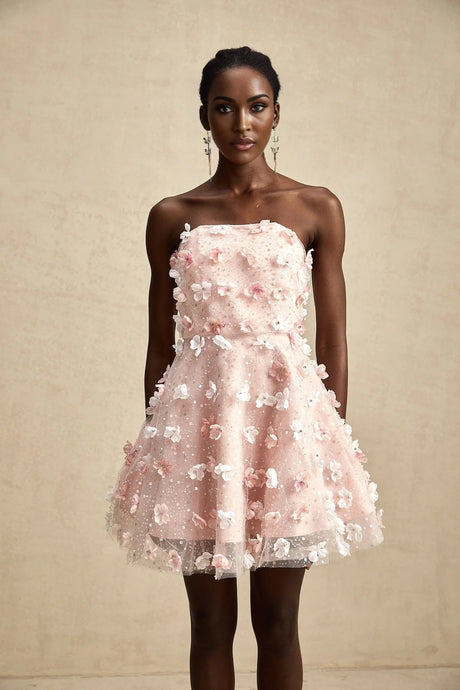 Norah Mini Dress Pink & White 3D Petal Puffy Scallop Hem