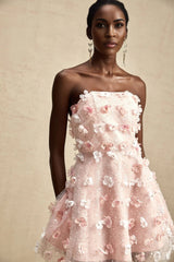 Norah Mini Dress Pink & White 3D Petal Puffy Scallop Hem