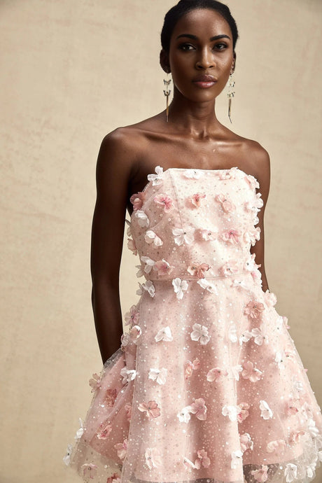 Norah Mini Dress Pink & White 3D Petal Puffy Scallop Hem