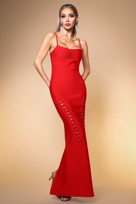 Norah Red Evening Dress with Unique Side Detailing and Elegant Neckline for Glamorous Parties and Special Occasions