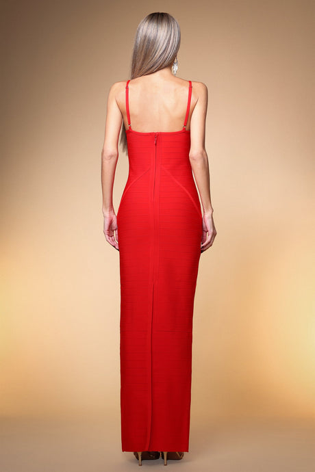 Norah Red Evening Dress with Edgy Detailing and Sophisticated Neckline