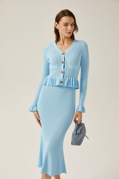 Norah Skirt & Top Set Flared Blue Knit V - Neck