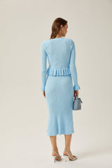 Norah Skirt & Top Set Flared Blue Knit V - Neck