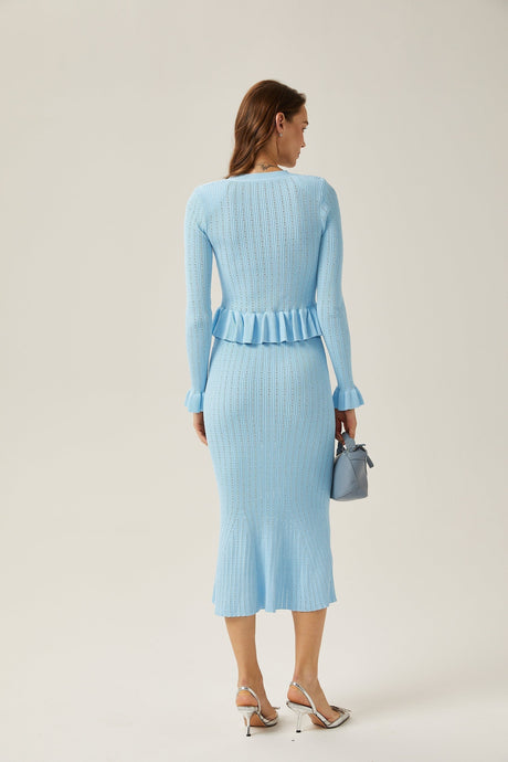 Norah Skirt & Top Set Flared Blue Knit V - Neck