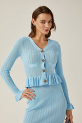 Norah Skirt & Top Set Flared Blue Knit V - Neck