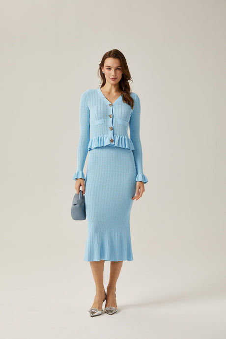 Norah Skirt & Top Set Flared Blue Knit V - Neck