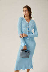 Norah Skirt & Top Set Flared Blue Knit V - Neck