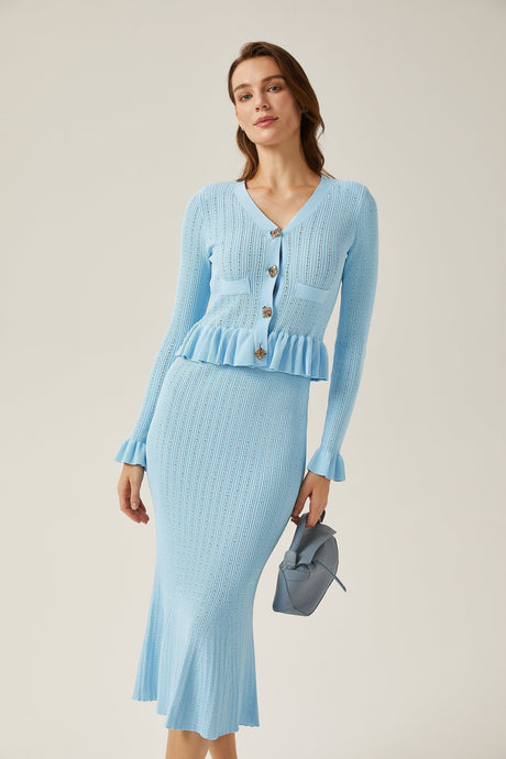 Norah Skirt & Top Set Flared Blue Knit V - Neck