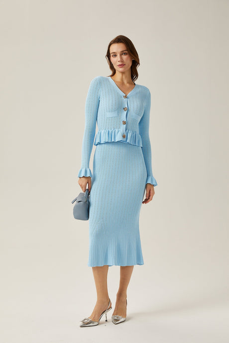 Norah Skirt & Top Set Flared Blue Knit V - Neck