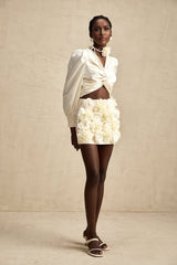 Nouria White Satin Cropped Blouse With Twist Front and Smocked Hem