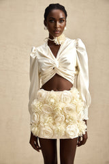 Nouria White Satin Cropped Blouse With Twist Front and Smocked Hem