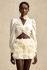Nouria White Satin Cropped Blouse With Twist Front and Smocked Hem