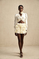 Nouria White Satin Cropped Blouse With Twist Front and Smocked Hem