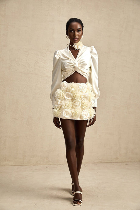 Nouria White Satin Cropped Blouse With Twist Front and Smocked Hem