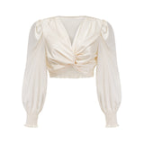 Nouria White Satin Cropped Blouse With Twist Front and Smocked Hem